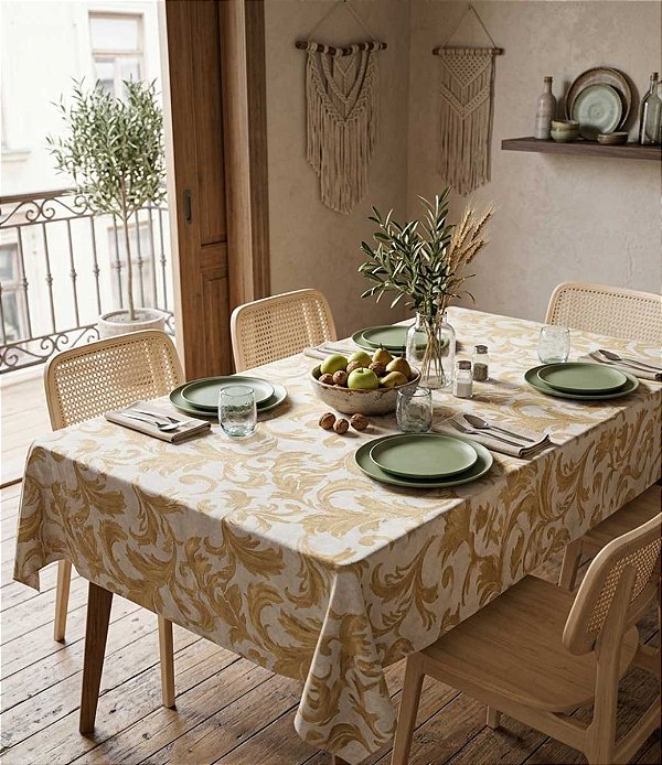 Toalha de Mesa Retangular Bege Arabescos 6 Lugares