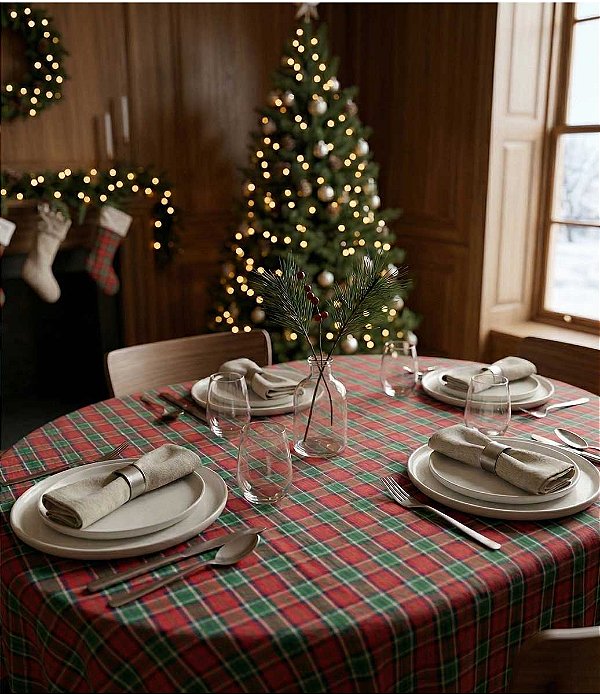 Toalha de Mesa Redonda Xadrez Natalina Sob Medida