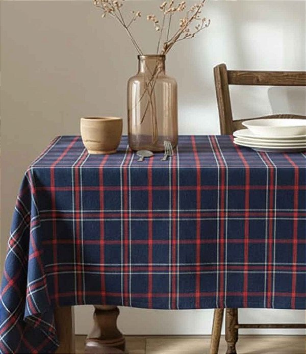 Toalha de Mesa Xadrez Azul Quadrada Sob Medida Jacquard