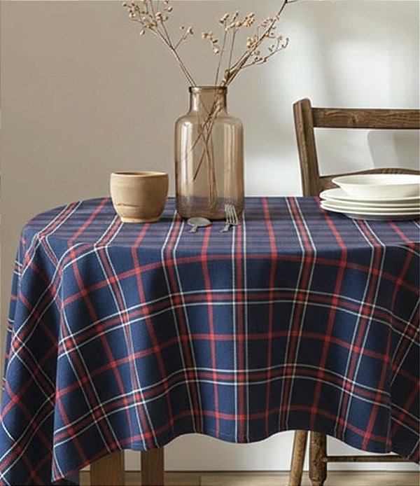 Toalha de Mesa Redonda Xadrez Azul Sob Medida Jacquard