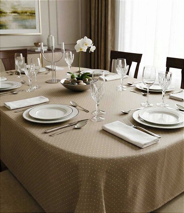 Toalha de Mesa Oval Sob Medida Bege Poá Jacquard