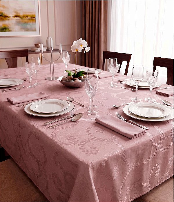 Toalha de Mesa Rosa 10 Lugares Retangular Sob Medida Jacquard