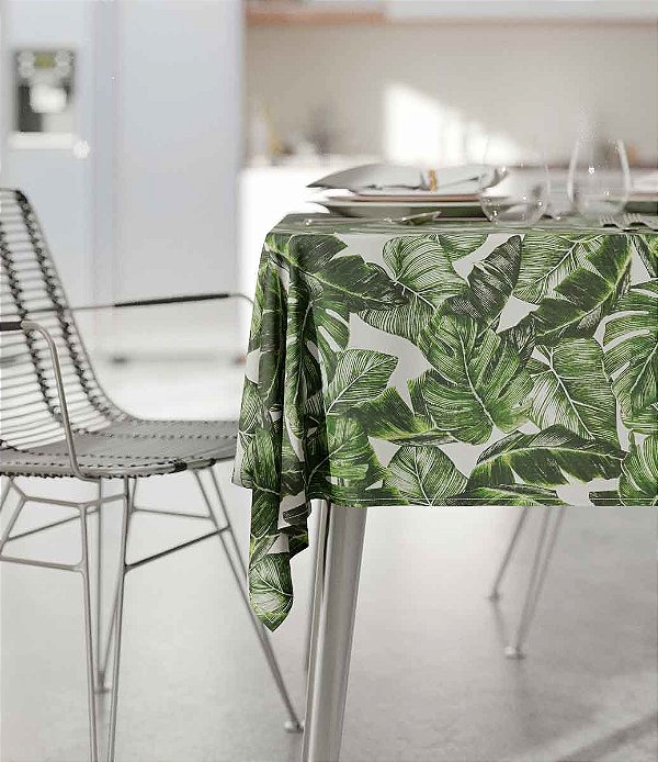 Toalha de Mesa Retangular 6 Lugares Branca com Folhas Verdes