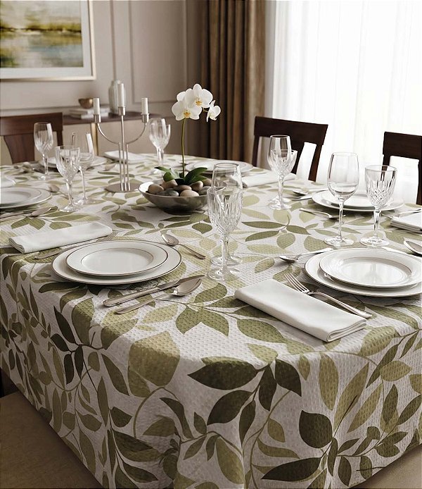 Toalha de Mesa Oval Sob Medida Branca Folhas Verdes