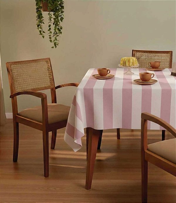 Toalha de Mesa Impermeável Retangular 6 Lugares Listrada Rosa