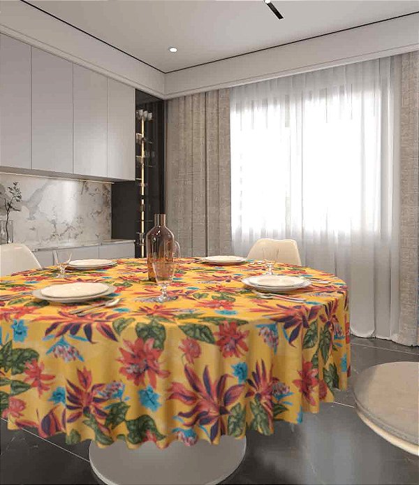 Toalha de Mesa Amarela Redonda 4 Lugares Estampa de Flores