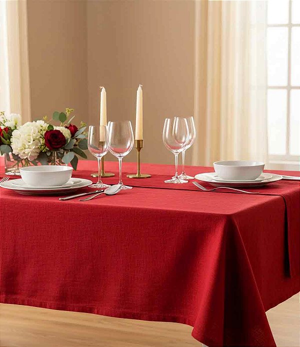 Toalha de Mesa Vermelha de Linho Retangular 8 Lugares