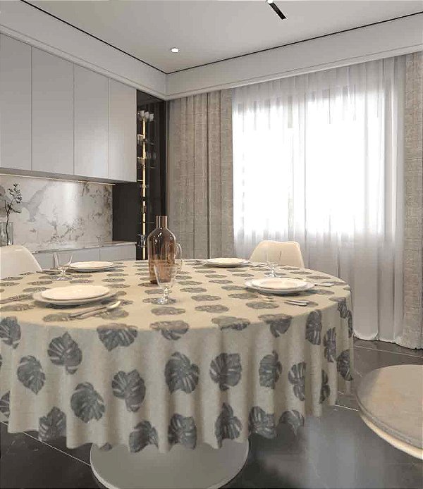 Toalha de Mesa Impermeável 4 Lugares Redonda Bege Folhagens