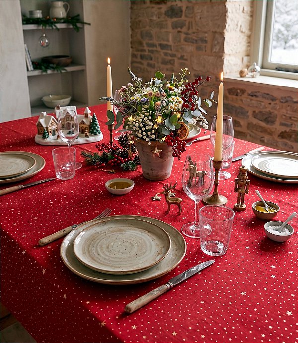 Toalha de Mesa Vermelha Estrela de Natal Retangular 8 Lugares