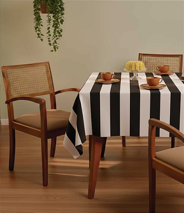 Toalha de Mesa Retangular 8 Lugares Listrada Preto e Branco