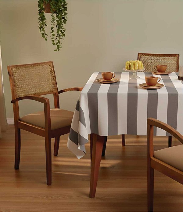 Toalha de Mesa Retangular 4 Lugares Listrada Cinza e Branco