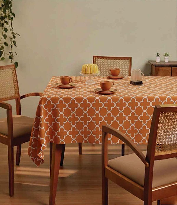 Toalha de Mesa Impermeável Retangular 6 Lugares Laranja Arabescos