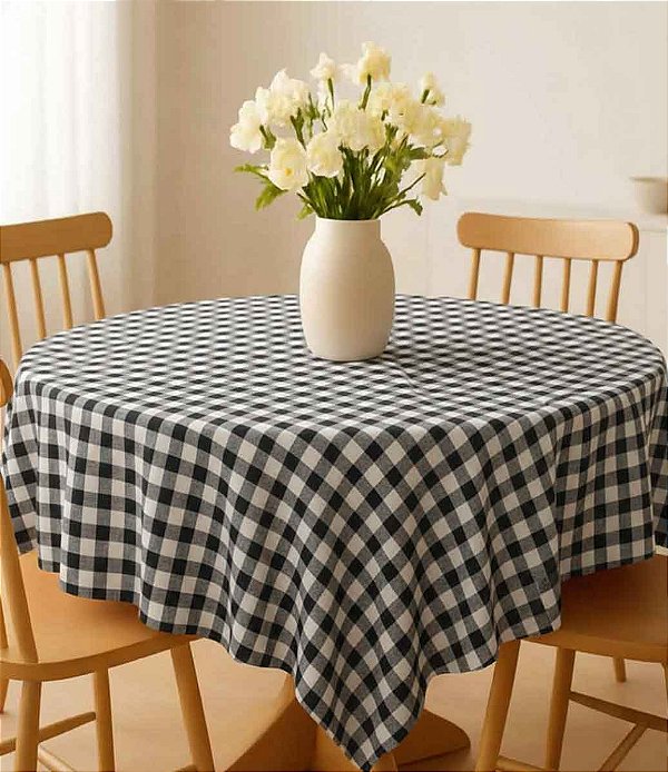 Toalha de Mesa Redonda Xadrez Preto e Branco Sob Medida