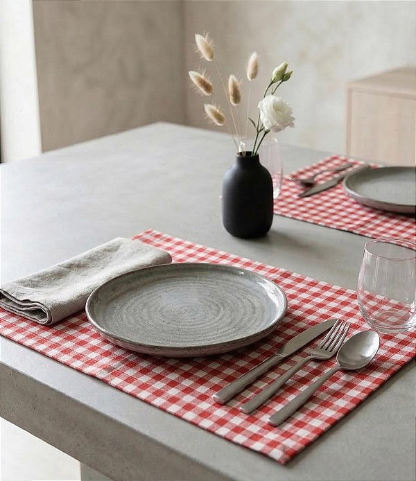 Jogo Americano Xadrez Vermelho e Branco Kit com 8 Unidades