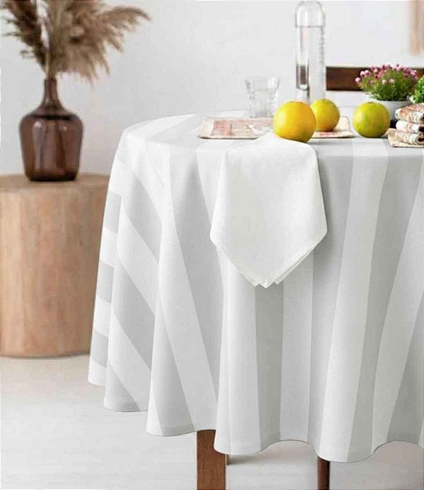 Toalha de Mesa Impermeável Branca Listrada Redonda Sob Medida