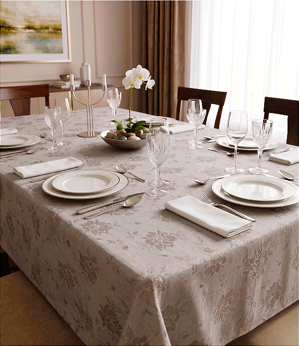Toalha de Mesa Impermeável Jacquard Bege Flores 8 Lugares Retangular
