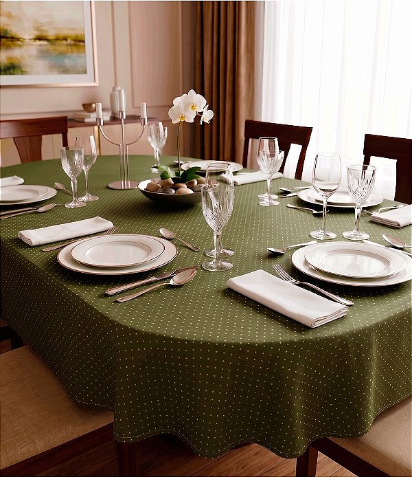 Toalha de Mesa Oval Sob Medida Verde Poá Jacquard
