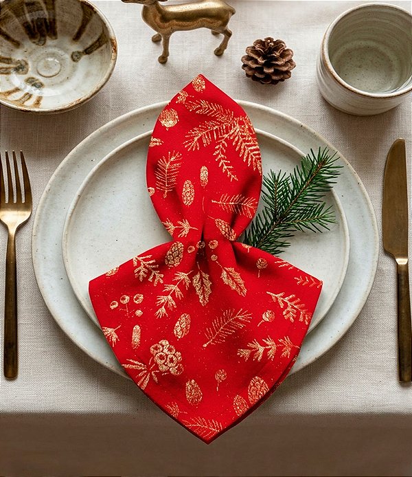 Guardanapo de Tecido Natal Vermelho com Dourado Kit com 10 Unidades