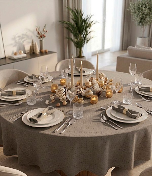Toalha de Mesa Impermeável Bege Claro Poá Redonda Sob Medida