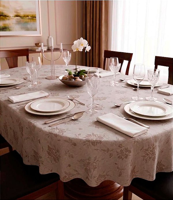 Toalha de Mesa Impermeável Oval Jacquard Bege Flores