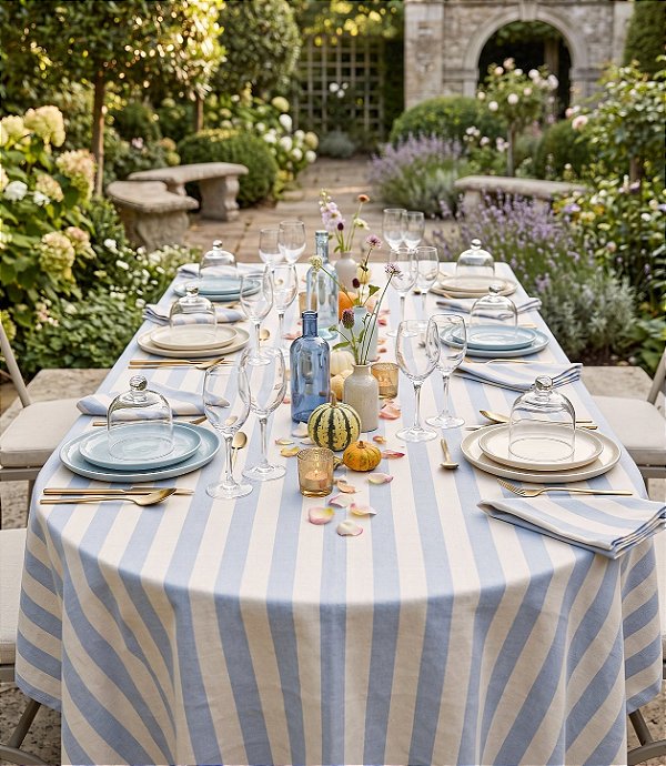 Toalha de Mesa Impermeável Oval Listrada Azul e Branco