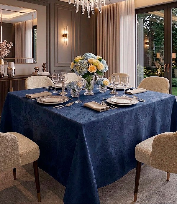 Toalha de Mesa Jacquard Azul Marinho Retangular Sob Medida