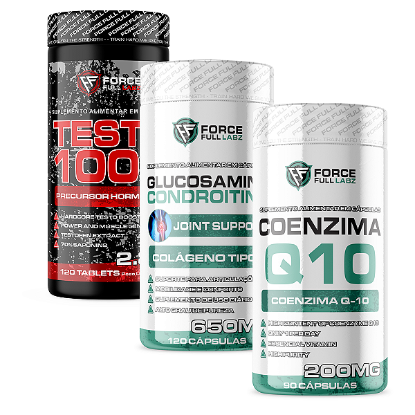 Glucosamina Condroitina Colágeno Tipo 2 120 Caps + Testo 1000 120 Tabs + Coenzima Q10 200mg 90 Caps - Force Full Labz