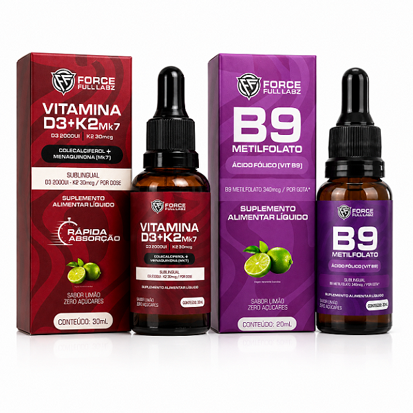 Kit Vitamina B9 Metilfolato 20ml + Vitamina D3K2 Mk7 Colecalciferol Menaquinona 30ml - Force Full Labz