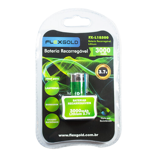 Bateria Recarregável 18500 Flex Gold – 3,7V / 3.000 mAh Tipo Li-ion