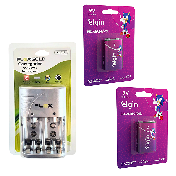 Kit 2 Baterias Recarregável 9v Elgin 250mah + Carregador Aa/aaa/9v Auto Stop