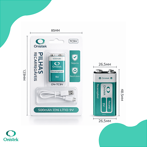 Bateria Recarregável 9V Onistek – 500 mAh com Cabo Tipo-C