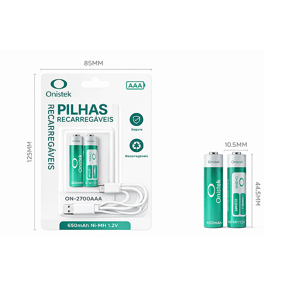 2 Pilhas Aaa Recarregável 400mah 1,5v 600mwh Cabo Tipo-c Onistek