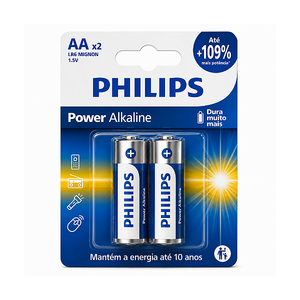 02 Pilhas Alcalina Aa Philips Bateria 2a Palito Aa
