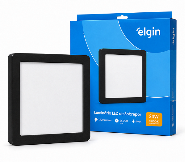 Luminária Plafon Preto LED Sobrepor Quadrada 24W 3000K Branca Morna Bivolt Elgin