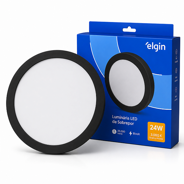 Luminária Plafon LED Sobrepor 24W 3000K Branca Morna Bivolt Elgin
