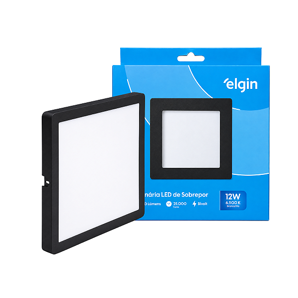Luminária Plafon Preto LED Sobrepor Quadrada 12w 6500K Branca Fria Bivolt Elgin