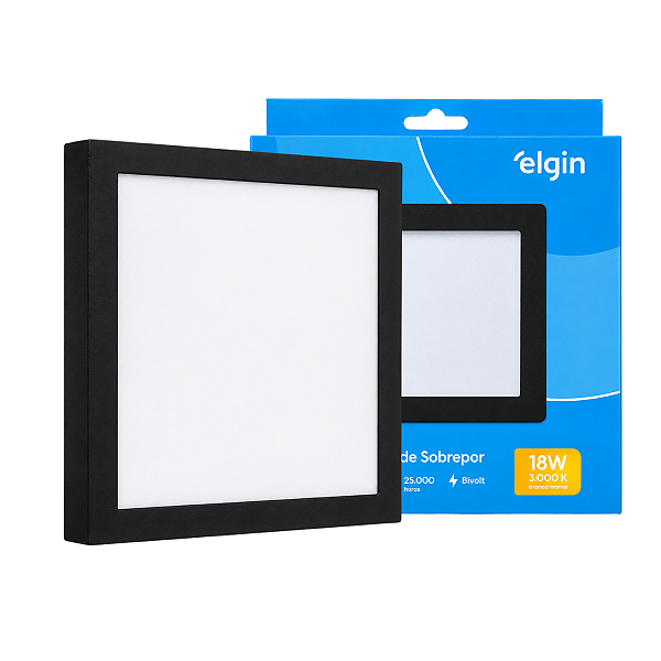 Luminária Plafon Preto LED Sobrepor Quadrada 18w 3000k Branca Morna Bivolt Elgin