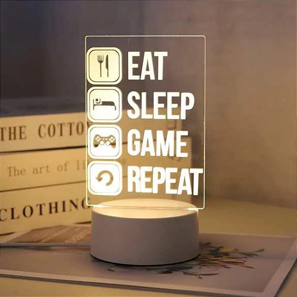 Luminária Decoração Led Branco Quente Eat Sleep Game Repeat