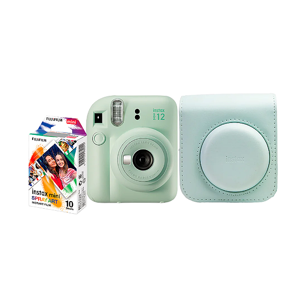 Kit Câmera Instantânea Fujifilm Instax Mini 12 Verde + Pack 10 filmes Spray Art + Bolsa Verde