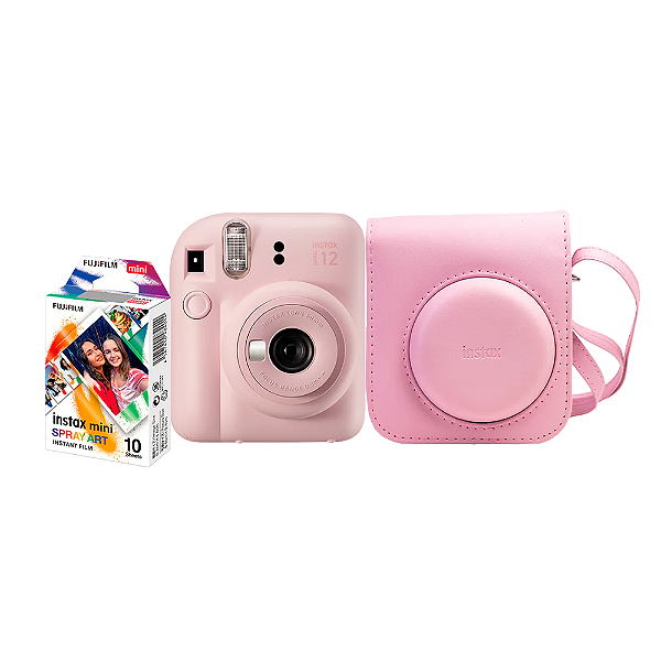 Kit Câmera Instantânea Fujifilm Instax Mini 12 Rosa + Pack 10 filmes Spray Art + Bolsa Rosa Gloss