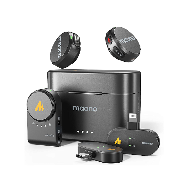 Microfone Lapela Sem Fio Maono Wave T5 Combo Câmera, USB Tipo-C e Lightning