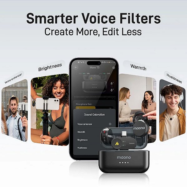 Microfone Lapela Sem Fio Maono Wave T5 Combo Câmera, USB Tipo-C e