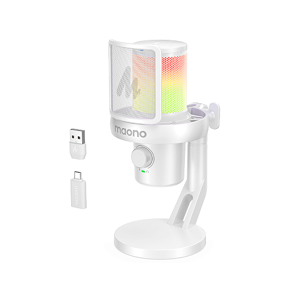 Microfone Wireless Gamer Maono DM40 PRO Com AI Condensador RGB Branco