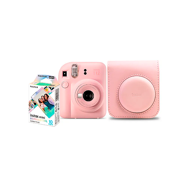 Kit Câmera Instantânea Fujifilm Instax Mini 12 Rosa + Pack 10 Filmes Mermaid Tail + Bolsa Rosa Gloss