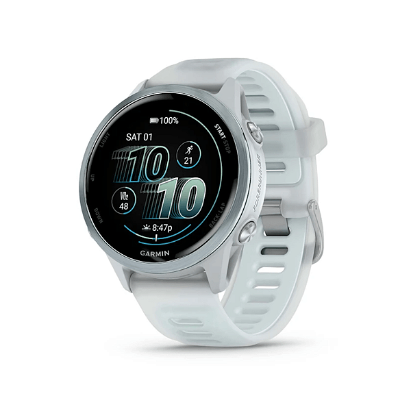 Relógio Garmin Forerunner 570 Music Amoled Azul Nuvem e Pulseira Marfim Translúcida Azul Nuvem 42mm