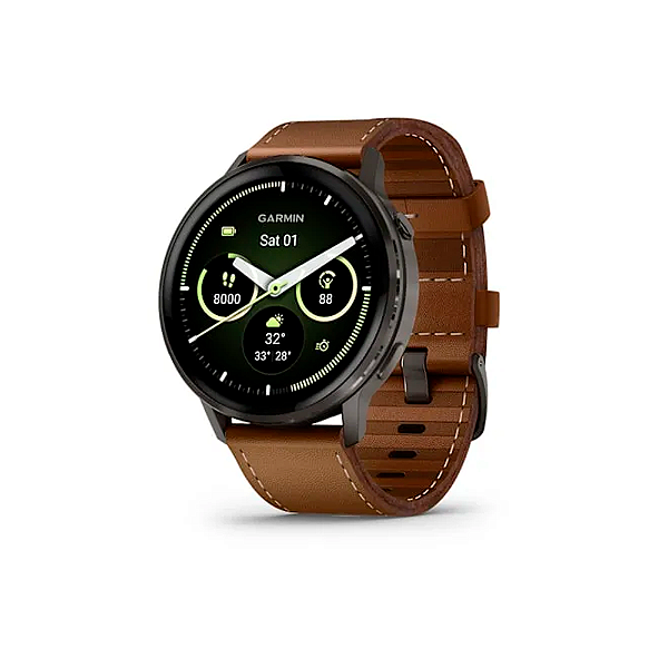 Relógio Smartwatch Garmin Venu 4 Ardosia Pulseira Couro Marron Music GPS Tela AMOLED 45mm