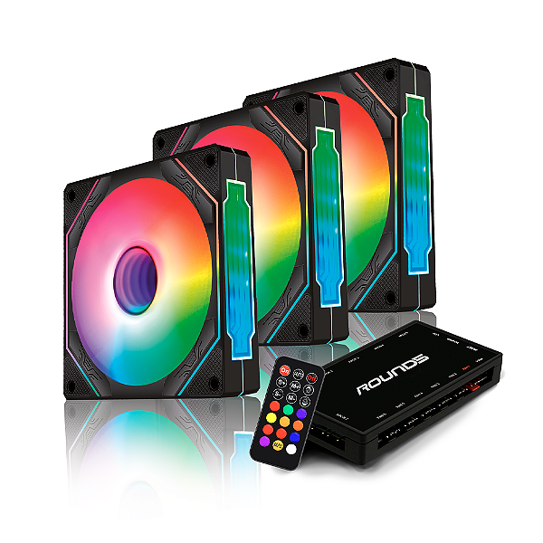 Kit 3 Fans Round5 Aurora Forward 120 ARGB Com Controladora Preto