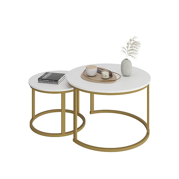 JOGO DE MESA DE CENTRO REDONDA SALA  PEROLA  GOLDLUXO 58CM