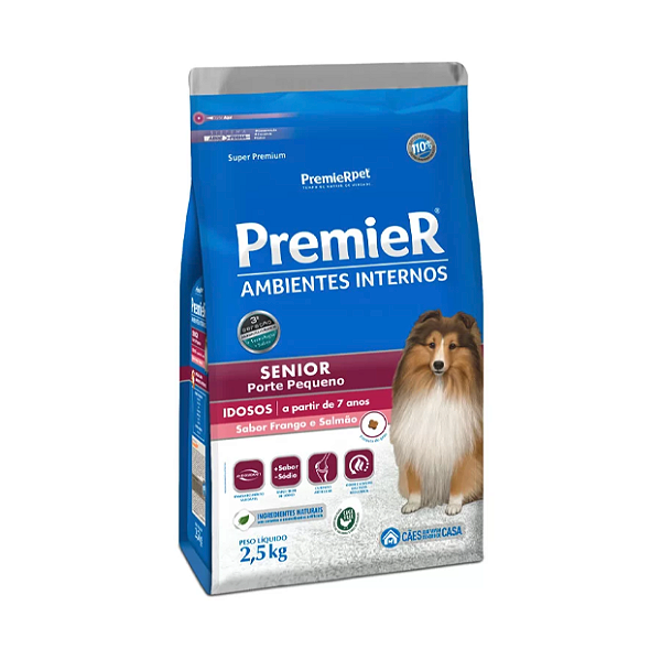 Ração Premier Senior Ambientes Internos para Cães Adultos 7+ Sabor Frango e Salmão 2,5kg
