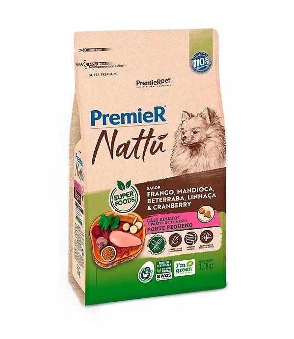 Ração Premier Nattu para Cães Adultos de Raças Pequenas Sabor Mandioca 1kg